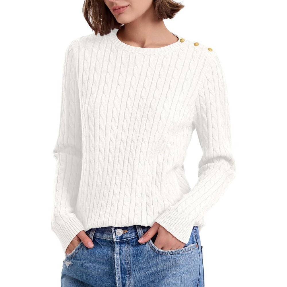 Women's Cable Knit Sweater Long Sleeve Crewneck Button Shoulder Casual Pullover